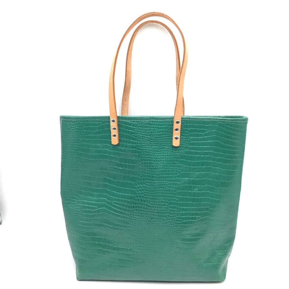 Handmade Tote Bag croc embossed green tan leather large handbag New